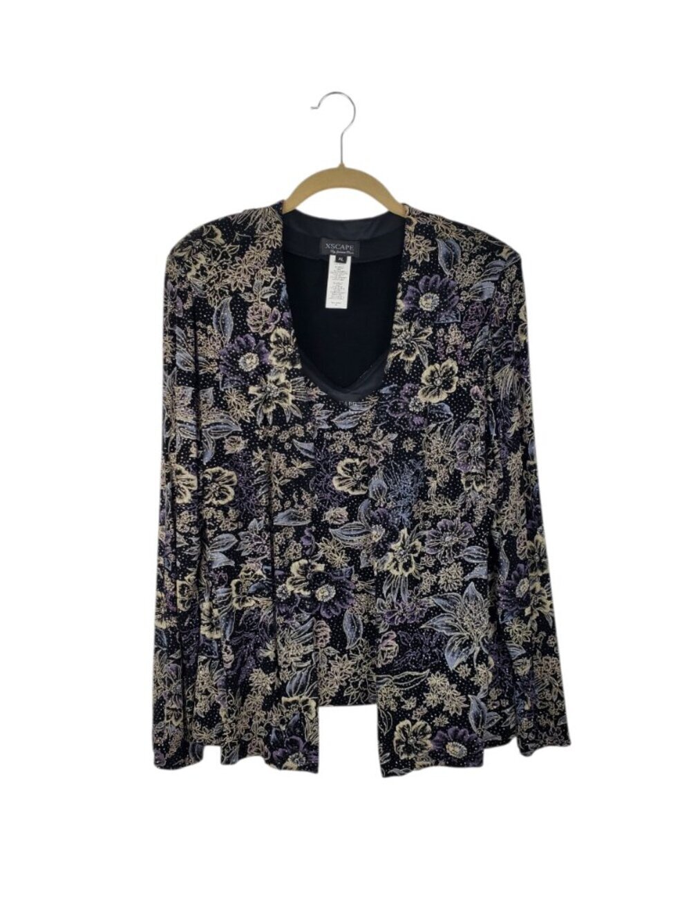 Xscape Joanna Chen Glitter Knit Twinset Open Front Black Floral Womens XL